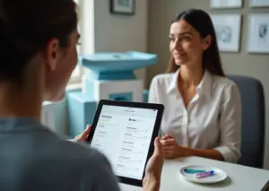 Clinician and patient reviewing CoolSculpting Botox and filler pricing at a modern American medspa with device and supplies visible