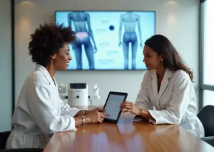 Clinician showing itemized laser hair removal pricing to a patient in a modern medical spa with laser device visible