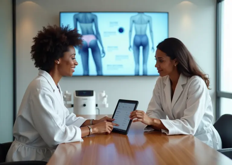 Clinician showing itemized laser hair removal pricing to a patient in a modern medical spa with laser device visible