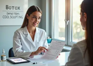 A clinician and patient reviewing a printed price breakdown in a modern aesthetic clinic, with a syringe and product vial on the tray and a tablet map of US regional price markers.