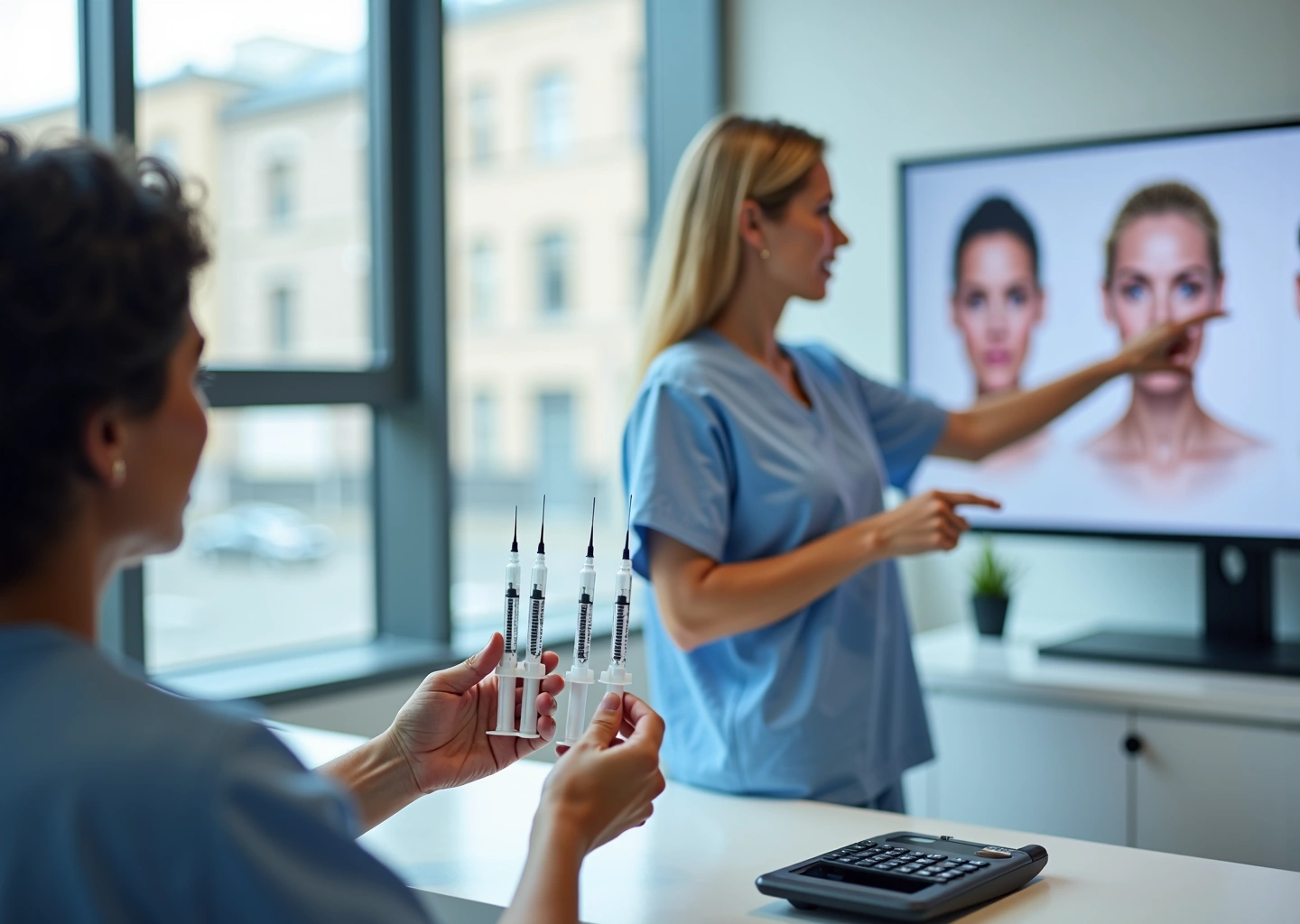 A clinician shows Juvederm syringes labeled Volbella Ultra and Voluma alongside a price estimate during an aesthetic clinic consultation
