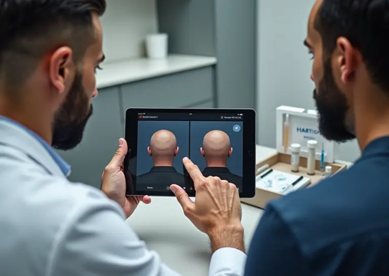 Male patient consulting with a hair restoration surgeon, tablet showing hairline simulation, PRP tubes on tray in a modern clinic