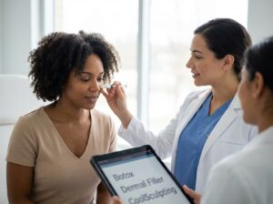 A licensed injector consulting a patient about non surgical nose job options with a syringe and a visible price list in a modern clinic setting