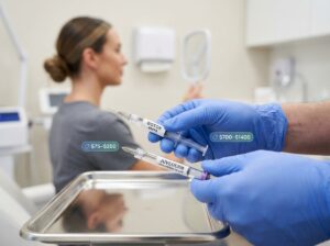 Clinician holding a small Botox syringe and a hyaluronic filler syringe side by side in a modern US aesthetic clinic with price tags visible and a patient checking her upper lip in the mirror.
