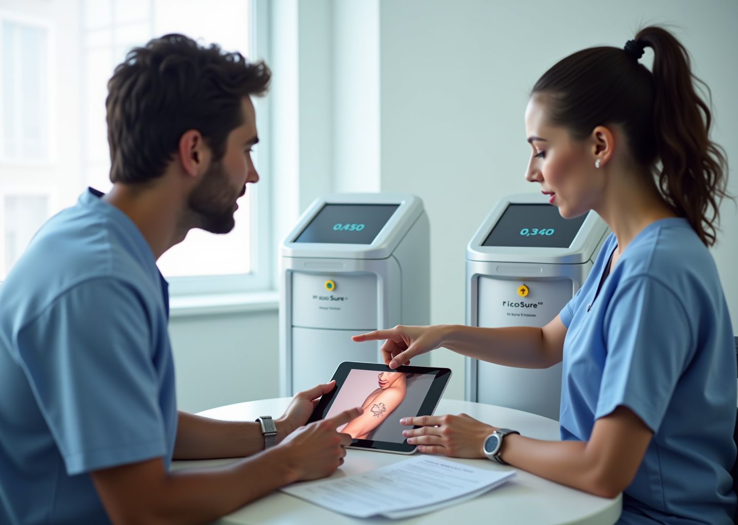 Clinician and patient comparing tattoo removal options with a tablet photo of tattoo and two laser machines labeled PicoSure and Q‑Switched in a bright clinic.