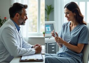 Split photo of an aesthetic clinic showing liposuction instruments and consultation on one side and a CoolSculpting machine with applicator on the other, with visible price tags and an itemized quote on a clipboard.