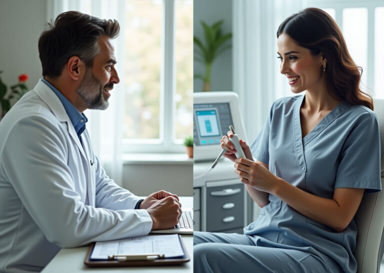 Split photo of an aesthetic clinic showing liposuction instruments and consultation on one side and a CoolSculpting machine with applicator on the other, with visible price tags and an itemized quote on a clipboard.