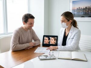Aesthetic clinic consultation with practitioner showing pricing and before/after photos, vials and syringe on table