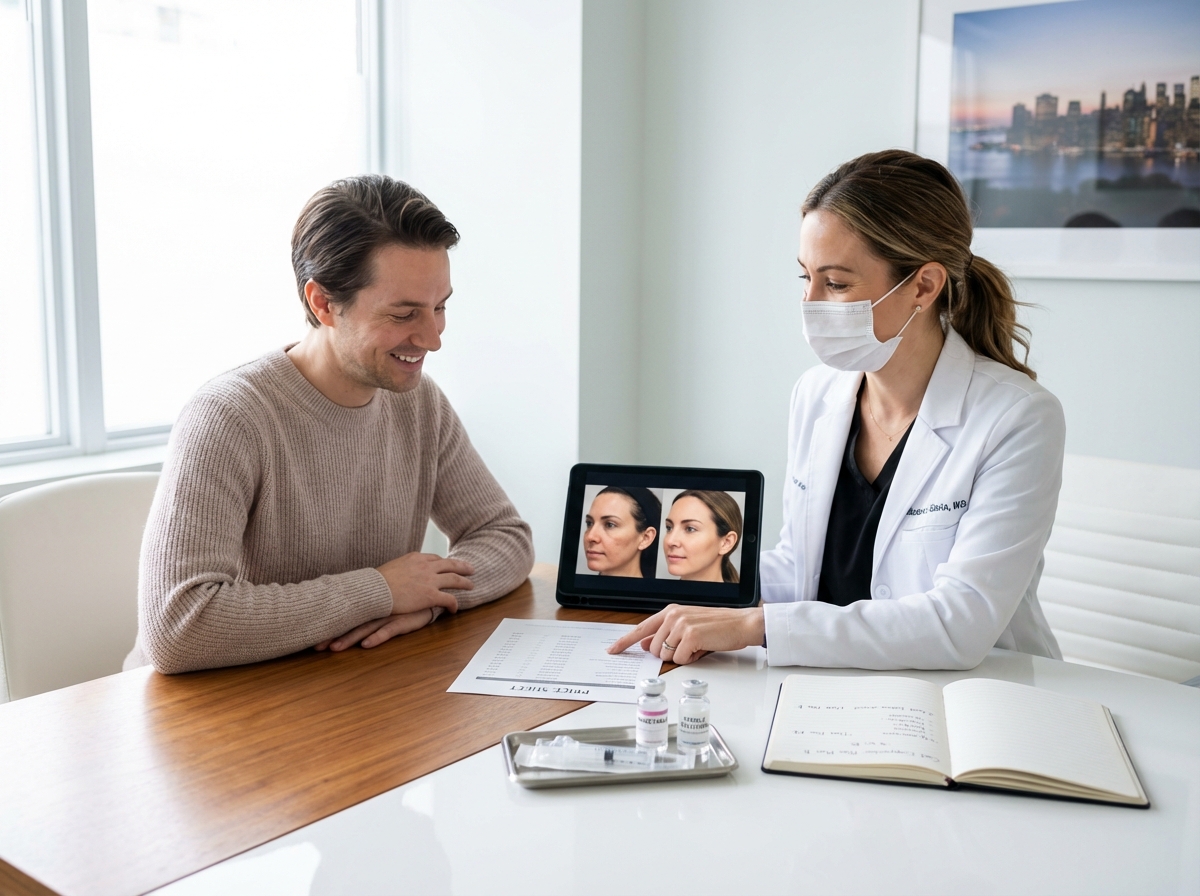 Aesthetic clinic consultation with practitioner showing pricing and before/after photos, vials and syringe on table