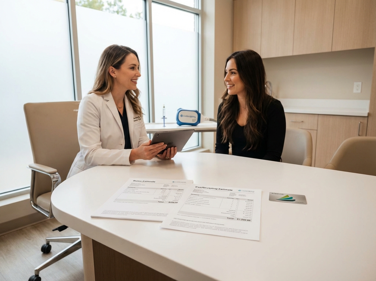 Patient and clinician comparing itemized aesthetic treatment estimates with a CareCredit card syringe and CoolSculpting handpiece on a clinic table