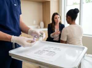 Clinician showing Botox and Dysport vials beside a price list during a med spa consultation