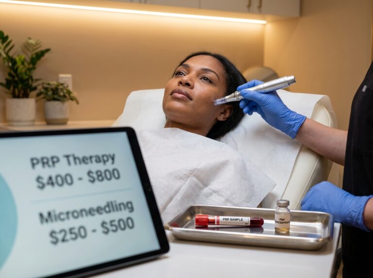 Clinician performing microneedling with PRP in a modern medspa with PRP vial and a tablet showing price comparisons visible in the foreground