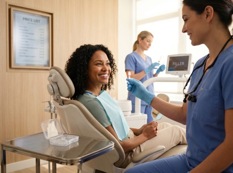 Patient in dental chair comparing a porcelain veneer with a whitening tray while clinicians discuss options and pricing in a modern aesthetic clinic