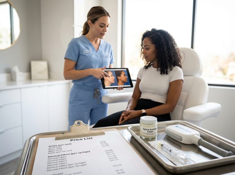 Patient consulting with injector in a modern aesthetic clinic with an itemized price list and treatment tools visible