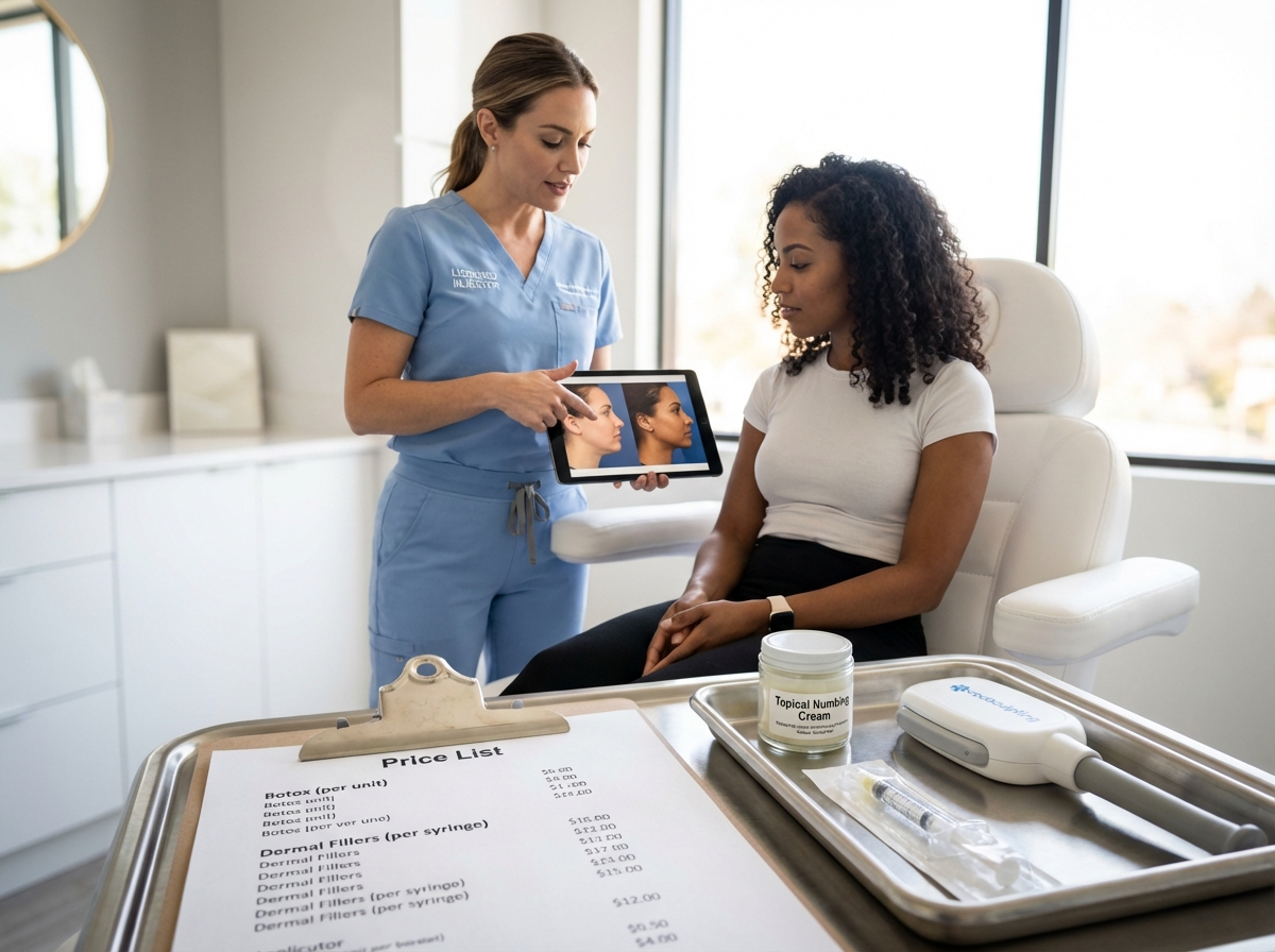 Patient consulting with injector in a modern aesthetic clinic with an itemized price list and treatment tools visible