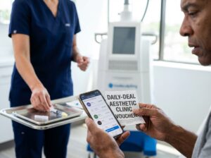 Consumer comparing Botox deal on phone and voucher in a clinic setting with syringe and CoolSculpting device in background