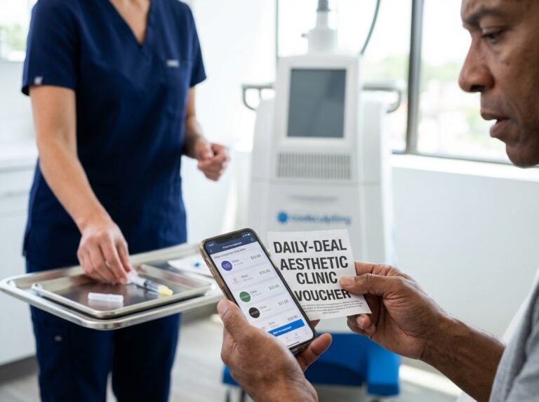 Consumer comparing Botox deal on phone and voucher in a clinic setting with syringe and CoolSculpting device in background