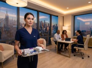 Montage of NYC LA and Miami skylines with a modern medspa foreground showing clinician holding Botox filler and CoolSculpting device representing aesthetic price comparisons