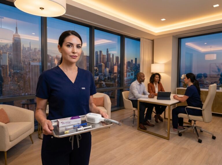 Montage of NYC LA and Miami skylines with a modern medspa foreground showing clinician holding Botox filler and CoolSculpting device representing aesthetic price comparisons