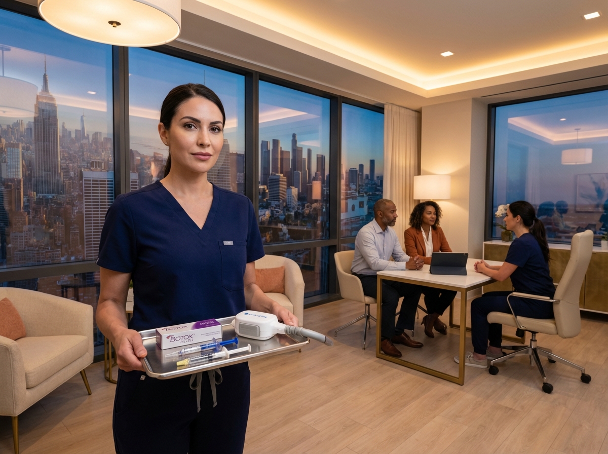 Montage of NYC LA and Miami skylines with a modern medspa foreground showing clinician holding Botox filler and CoolSculpting device representing aesthetic price comparisons