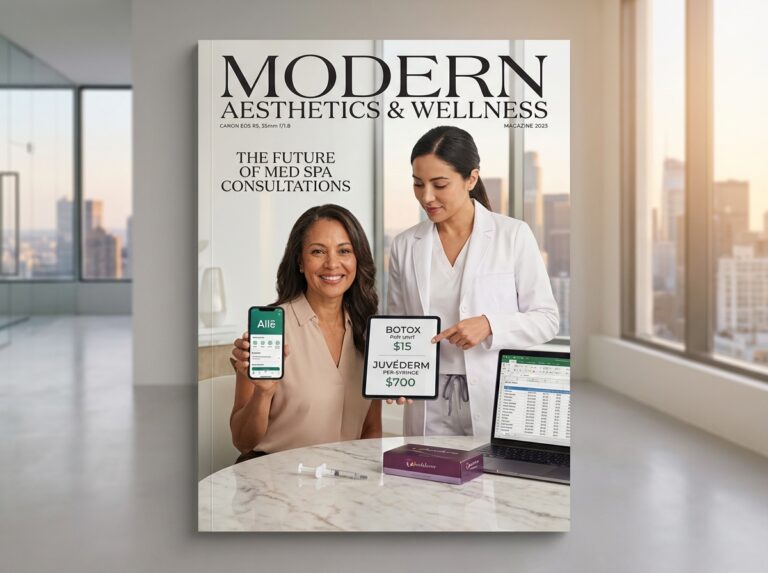 Patient checking Allē rewards on a smartphone while comparing Botox and Juvéderm prices with a clinician in a medical spa consultation