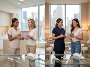 Split image showing a chain aesthetic clinic reception and a boutique medspa consultation with syringes and CoolSculpting device visible representing price comparison