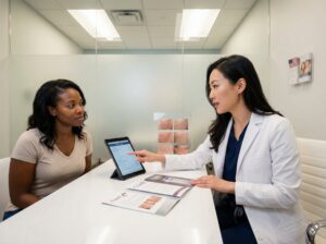 A clinician and patient review Fraxel and CO2RE brochures and a pricing comparison on a tablet in a modern US aesthetic clinic consultation room
