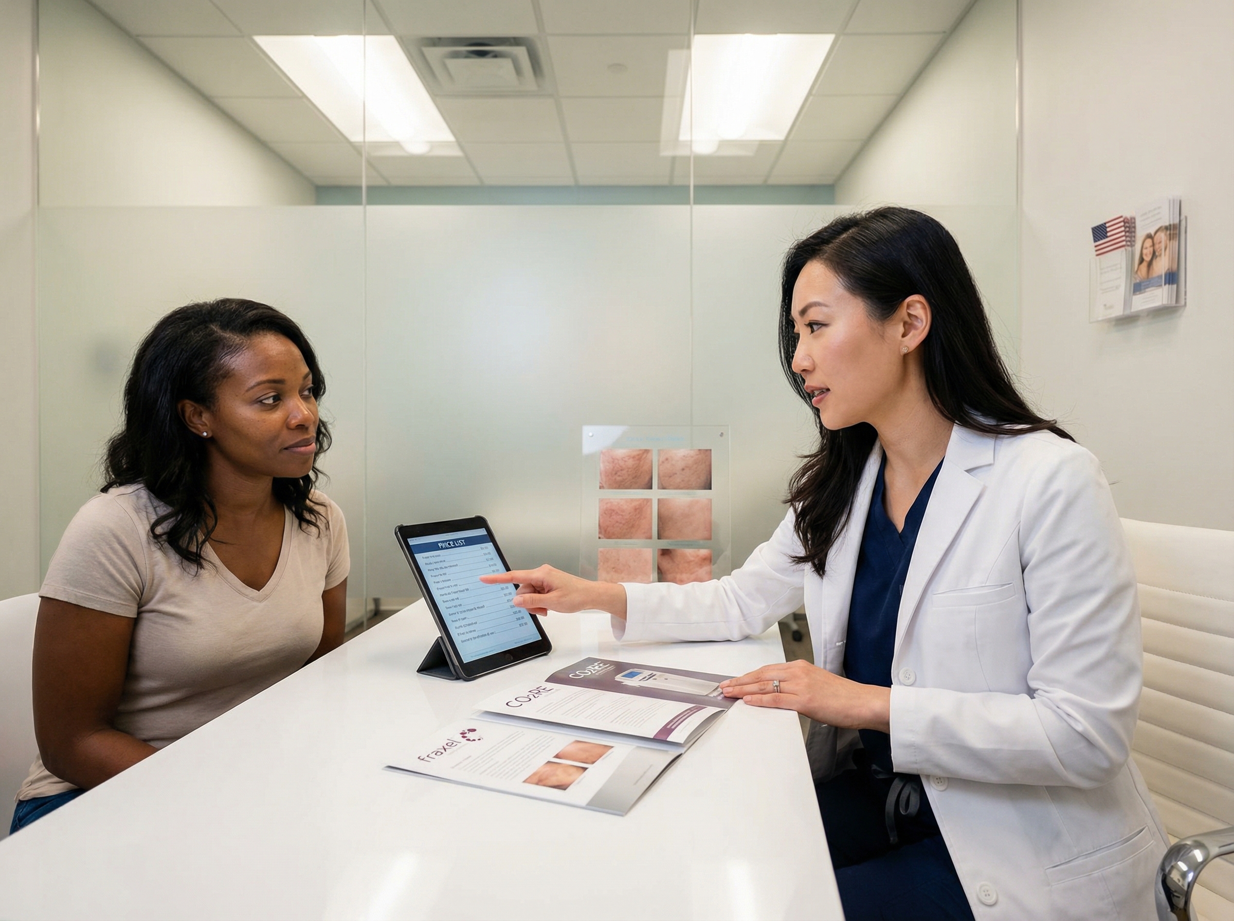 A clinician and patient review Fraxel and CO2RE brochures and a pricing comparison on a tablet in a modern US aesthetic clinic consultation room