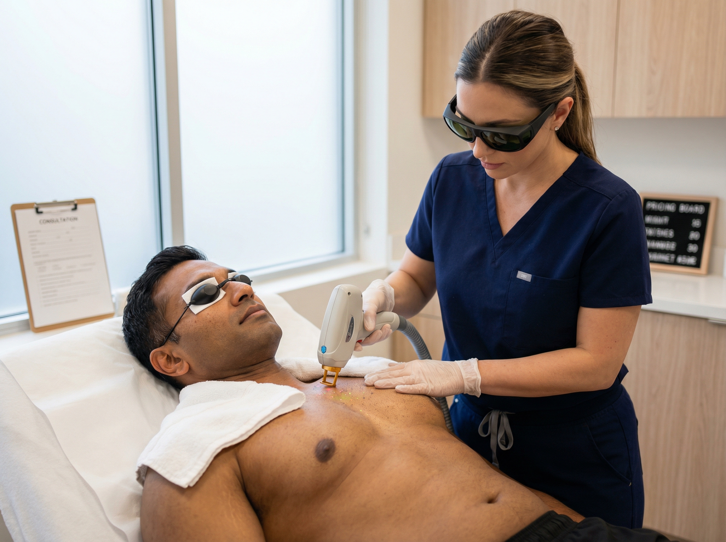 Man receiving chest laser hair removal in a modern aesthetic clinic with clinician operating diode laser device