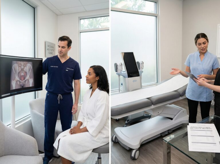 A plastic surgeon consulting with a patient while a technician shows a non‑surgical butt lift device and an itemized price estimate on a tablet in a modern clinic