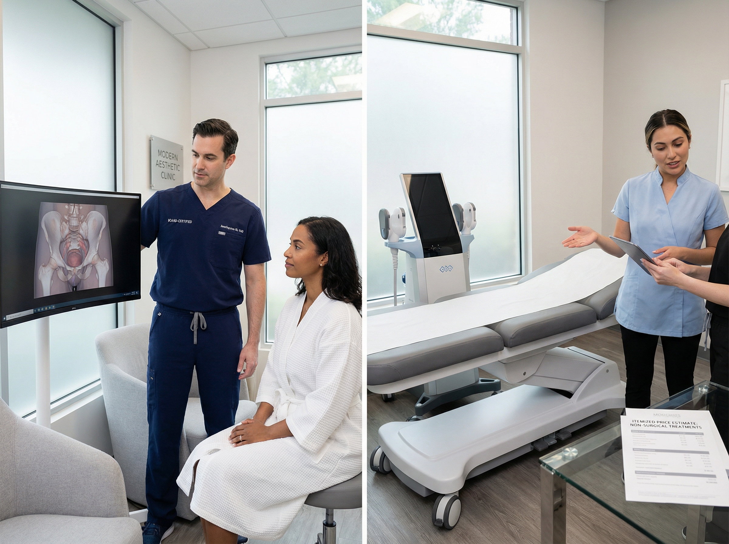 A plastic surgeon consulting with a patient while a technician shows a non‑surgical butt lift device and an itemized price estimate on a tablet in a modern clinic