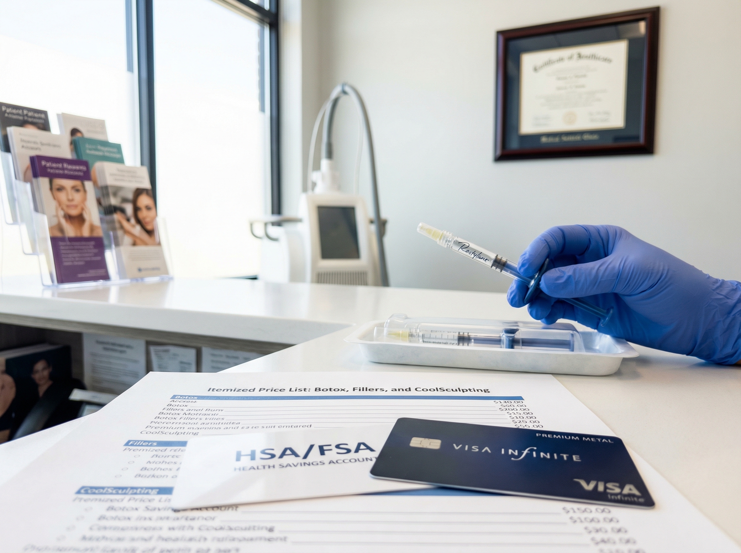 Aesthetic clinic desk with HSA/FSA card, itemized price list, syringes and CoolSculpting device in a modern clinic setting