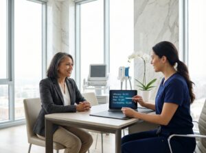 Patient consulting with clinician over itemized Ultherapy Botox filler and CoolSculpting price estimates in a modern cosmetic clinic