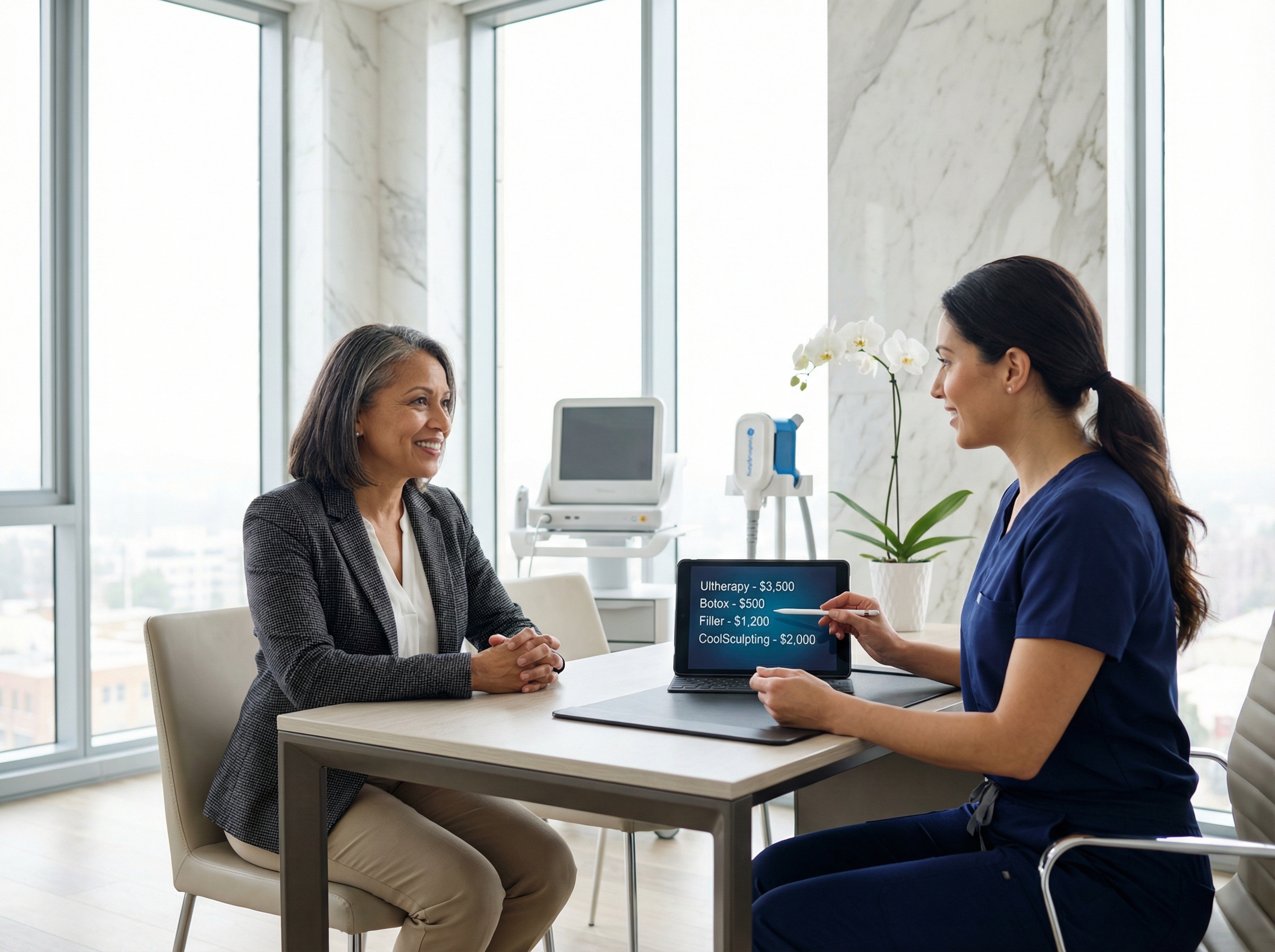 Patient consulting with clinician over itemized Ultherapy Botox filler and CoolSculpting price estimates in a modern cosmetic clinic