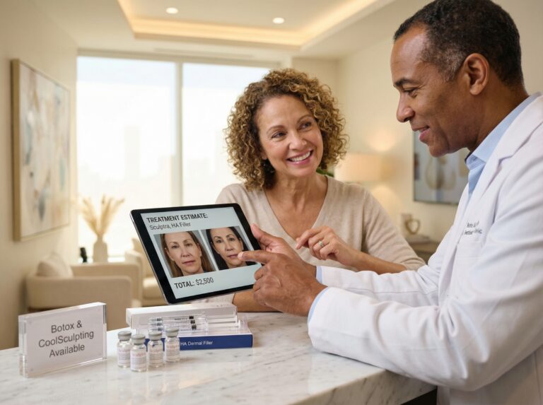 Clinician and patient reviewing itemized cost estimate with Sculptra vials and HA filler syringes visible on clinic counter