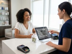 Modern U.S. medspa reception with a practitioner consulting a client, visible pricing display and a discreet tip jar next to a card terminal
