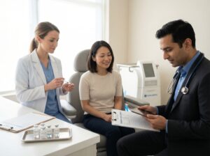 Patient consulting with a nurse injector and a dermatologist in a modern clinic with Botox vials, filler syringe and a CoolSculpting device visible, and a clipboard showing price comparisons.