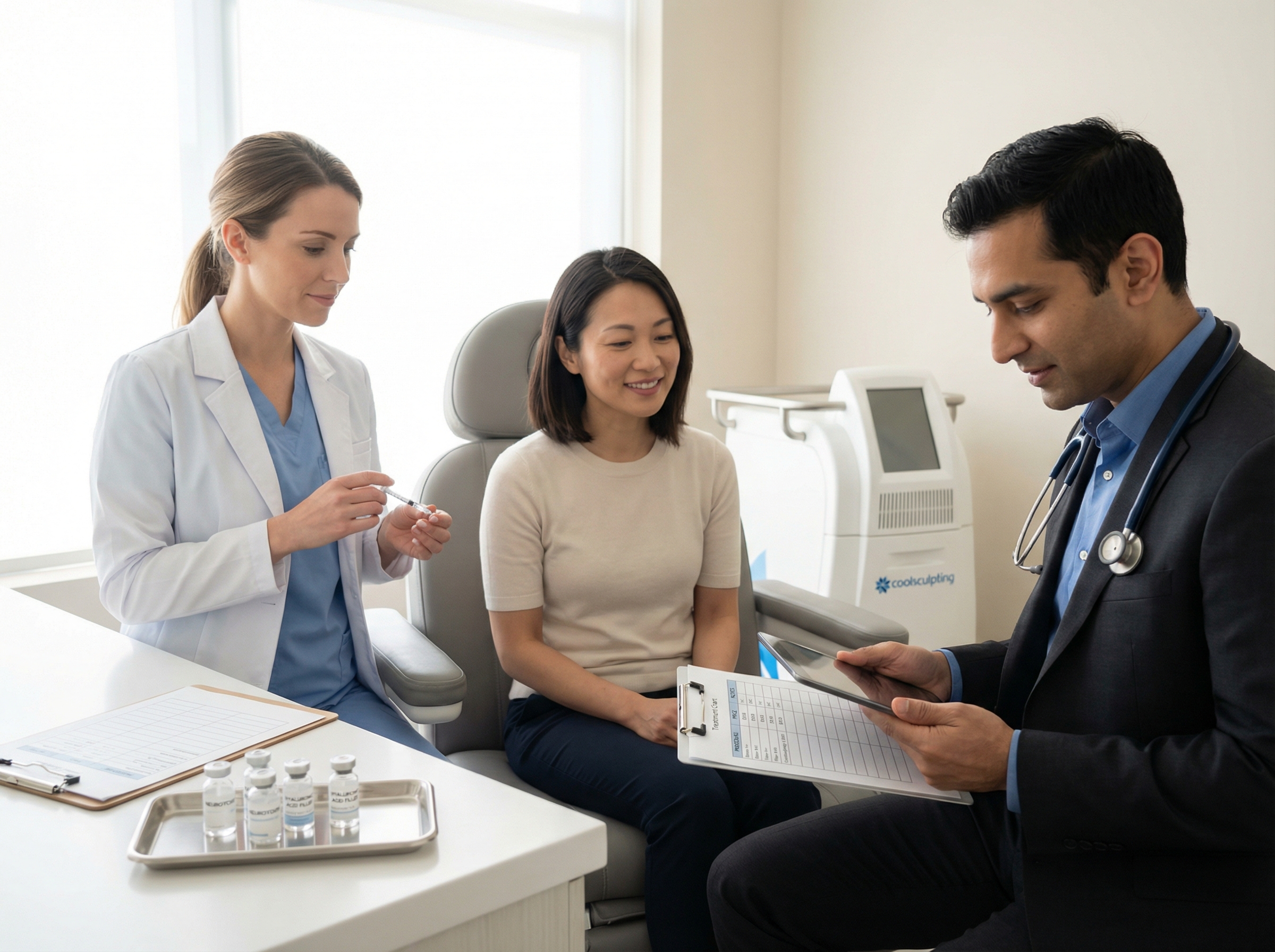 Patient consulting with a nurse injector and a dermatologist in a modern clinic with Botox vials, filler syringe and a CoolSculpting device visible, and a clipboard showing price comparisons.