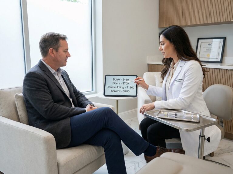 Board-certified clinician reviewing an itemized price list for Botox, fillers, CoolSculpting and Scrotox with a patient in a modern clinic, conveying professional consultation and price comparison.