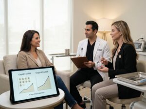 Patient consultation at a US aesthetic clinic comparing liquid facelift and surgical facelift five year costs on a tablet with filler syringes and surgical tray in the background