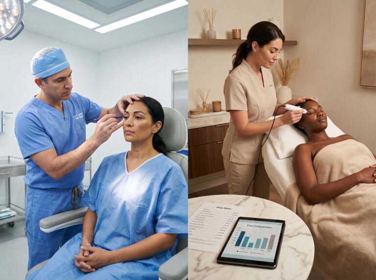 Side by side image of a surgeon marking an eyelid and a licensed practitioner using a plasma pen in a med spa with a visible price comparison sheet on a table
