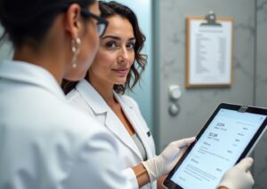 Clinician tracing a patient’s jawline in a modern clinic while reviewing an itemized cost estimate for non‑surgical jawline treatments