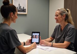 Clinician and patient reviewing IPL photofacial before-and-after photos and a price comparison sheet in a modern medspa consultation room