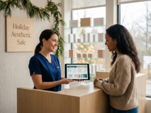 Medspa reception with clinician showing a patient a tablet comparing Botox, filler and CoolSculpting holiday prices and gift cards