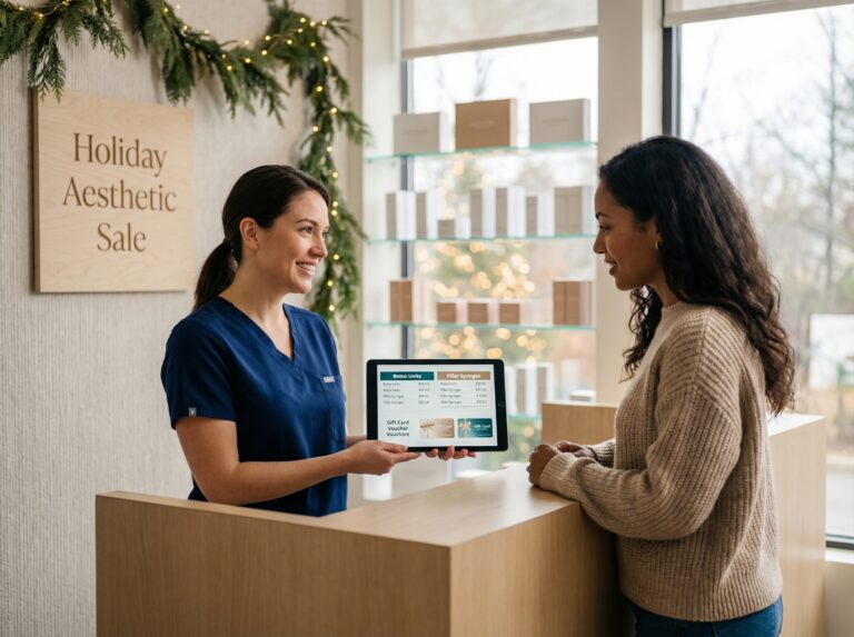 Medspa reception with clinician showing a patient a tablet comparing Botox, filler and CoolSculpting holiday prices and gift cards