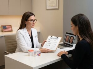 A clinic consultation with a provider reviewing a printed price comparison for Jeuveau Botox fillers and CoolSculpting with product vials on the counter and a laptop showing before and after photos