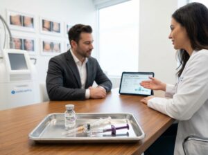 Male patient consulting with clinician about Botox filler and CoolSculpting pricing with itemized estimate visible in a modern clinic