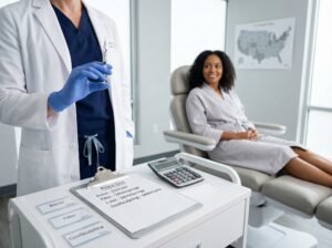 A clinician prepares a Hylase syringe while an itemized price list and calculator show comparative costs for Botox, fillers and CoolSculpting in a modern US aesthetic clinic.