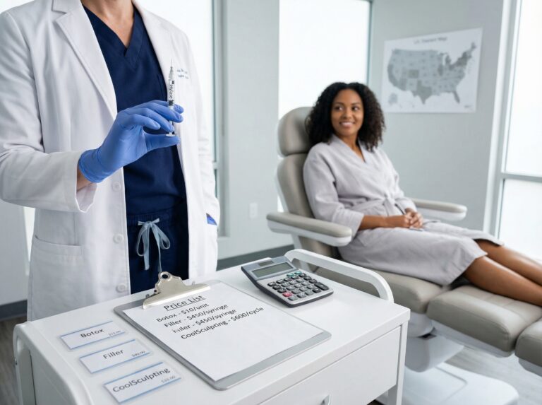 A clinician prepares a Hylase syringe while an itemized price list and calculator show comparative costs for Botox, fillers and CoolSculpting in a modern US aesthetic clinic.