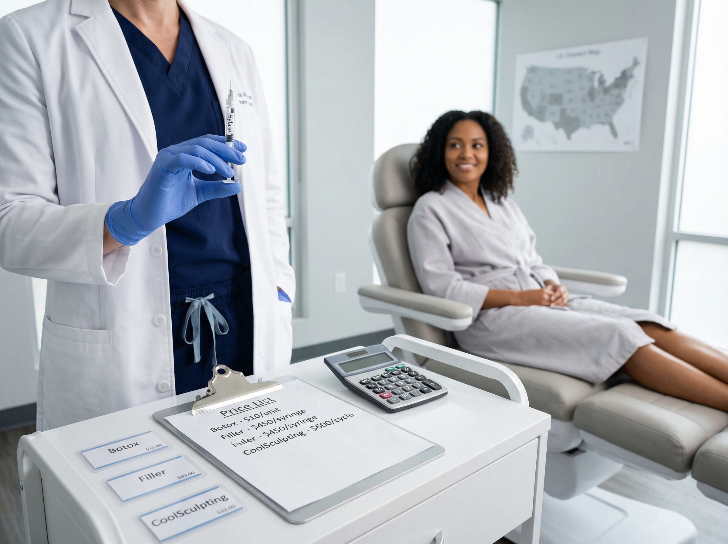 A clinician prepares a Hylase syringe while an itemized price list and calculator show comparative costs for Botox, fillers and CoolSculpting in a modern US aesthetic clinic.